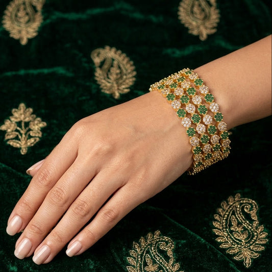 WAD19 - Gold-Plated Emerald & American Diamond Floral Broad Bangle - Zenia Creations
