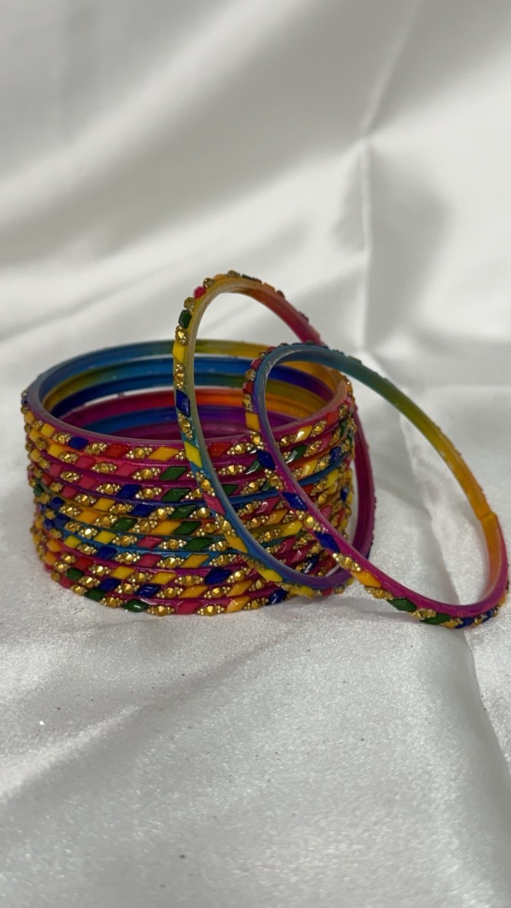 Zubee - Handmande Multicolor Glass Bangle Set with Gold Stone Work Churi Stack for Navratri