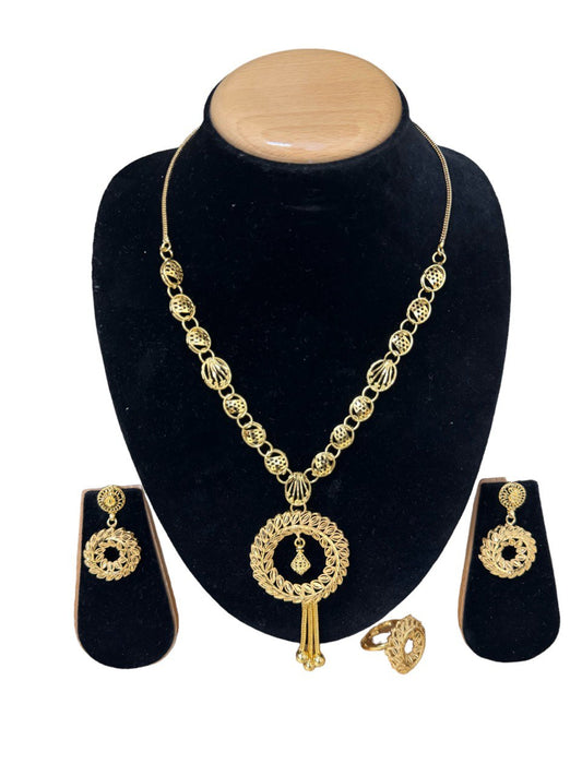 1g Gold Plated Set with Necklace, Pair of Earrings and Adjustable Finger Ring #6570-1350