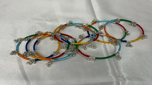 SMK - Multicolor Silk Thread Kashmiri Bangle Set with Silver Ghungroo Bells (Set of 8)