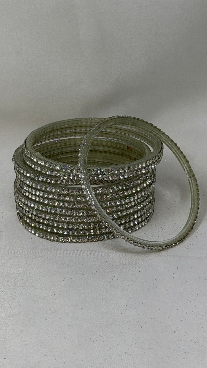 GlitB - Silver Glitter Glass Bangle Set with Champagne Gold Stone Work
