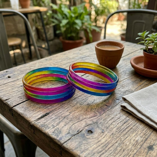 KK - Dark Multicolor Glass Bangles Set Silk Thread Wrapped with Ghungroo kada
