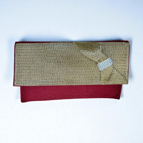 Maroon & Gold Bow Clutch – Festive Evening Bag with Rhinestone Accent