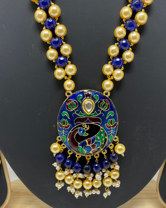Kundan Long Peacock Mala Necklace & Earring Set With Meenakari KX13