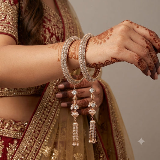 1798RG - Rose Gold Plated Micro-Pave CZ Crystal Bangle Kada Pair with Latkan