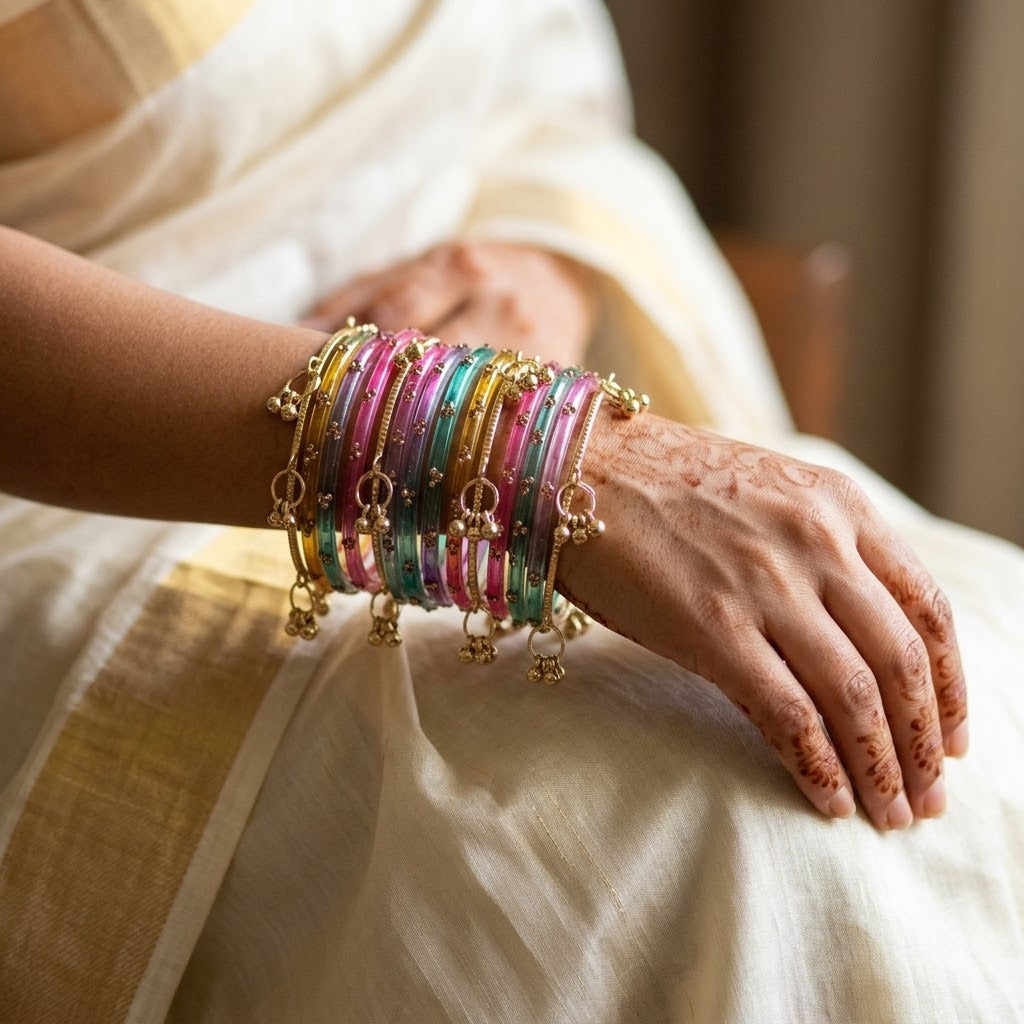 ANML - L-MLT Multicolor Glass Bangle Set with Gold Ghungroo Latkan Kadas