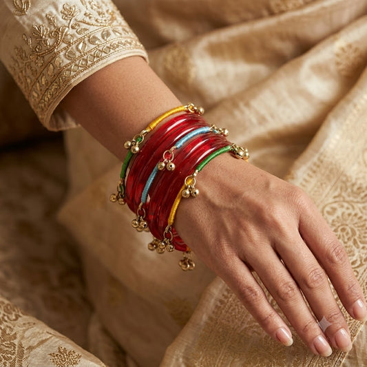 KK - Red Glass Bangle Set with Kashmiri Ghungroo Bangles Thread-Wrapped Jingle Charms