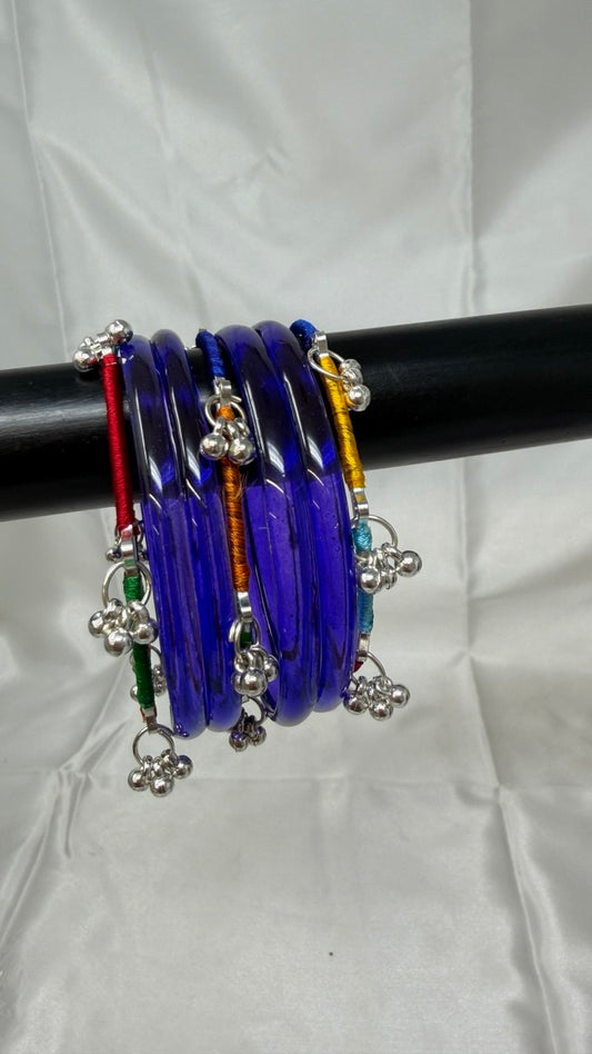 KK - Blue Glass Bangle Set with Kashmiri Ghungroo Bangles Thread-Wrapped Jingle Charms
