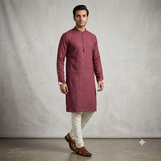 A1 - Men’s Burgundy Cotton Kurta Pajama Set with White Churidar Pant - Zenia Creations