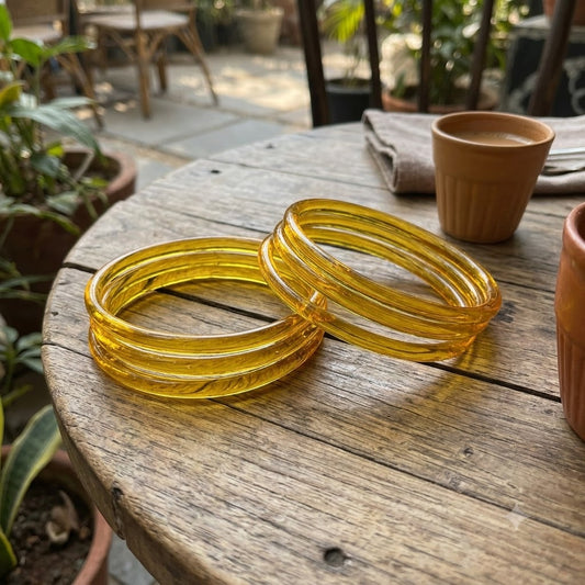 KK- Yellow Glass Bangle Set with Kashmiri Ghungroo Bangles Thread-Wrapped Jingle Charm