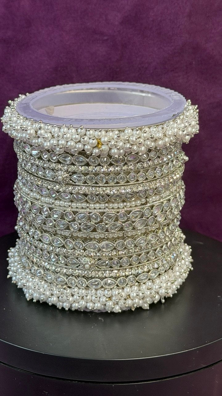 W4-AP Silver Oxidized Bangle Set with Clear CZ Stones and Pearls Bridal Chura