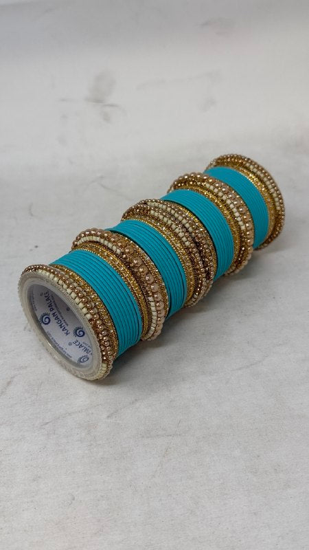 1186- Blue Velvet Bangle Set for Both Hands – Antique Gold Bridal