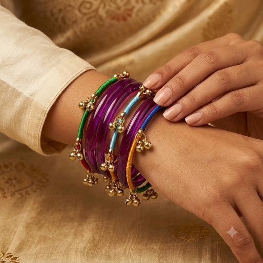 KK - Jamuni Glass Bangle Set with Kashmiri Ghungroo Bangles Thread-Wrapped Jingle Charms