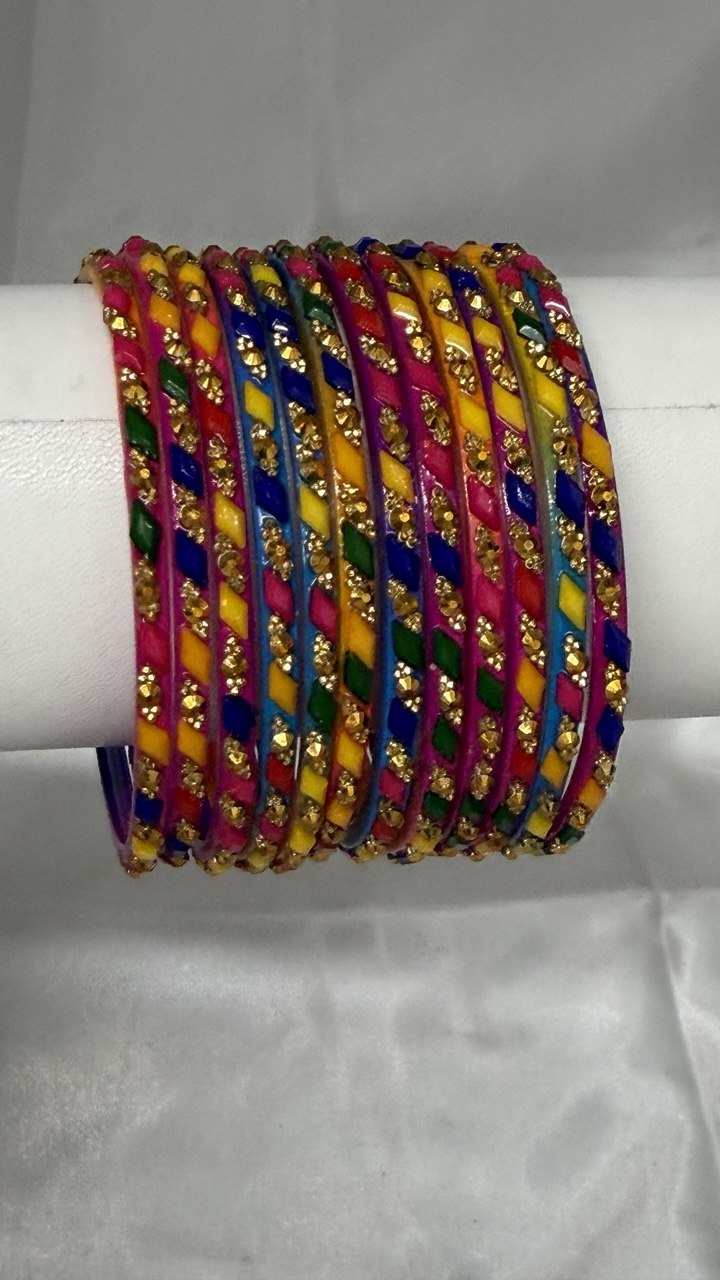Zubee - Handmande Multicolor Glass Bangle Set with Gold Stone Work Churi Stack for Navratri