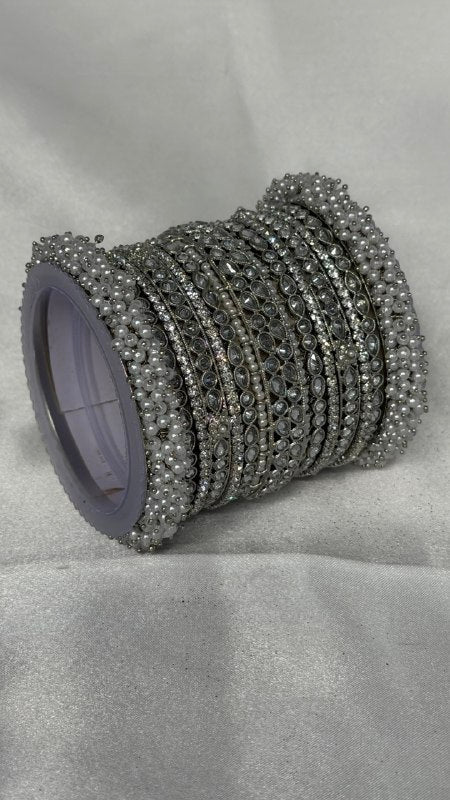 W4-AP Silver Oxidized Bangle Set with Clear CZ Stones and Pearls Bridal Chura