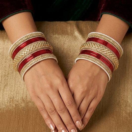 8056G - Gold-Tone Red Studded Bridal Bangle Set