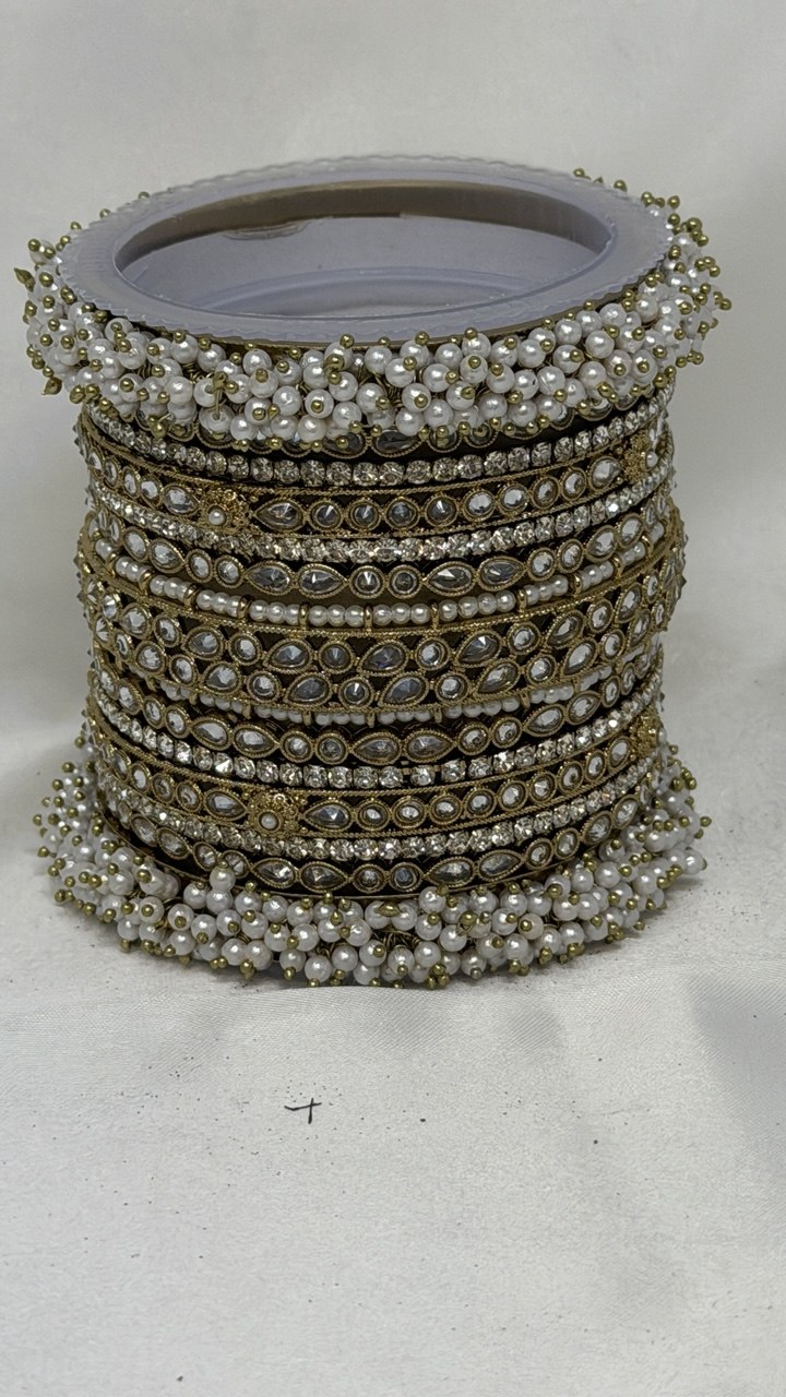 W4-GW Antique Gold Kundan Bangle Set with Pearl Cluster Kadas Bridal Chura