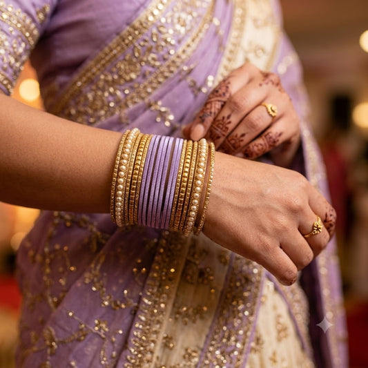 7003 - Lavender Purple & Gold Pearl Bangle Set Ethnic Textured Metal Choodiyan Stack