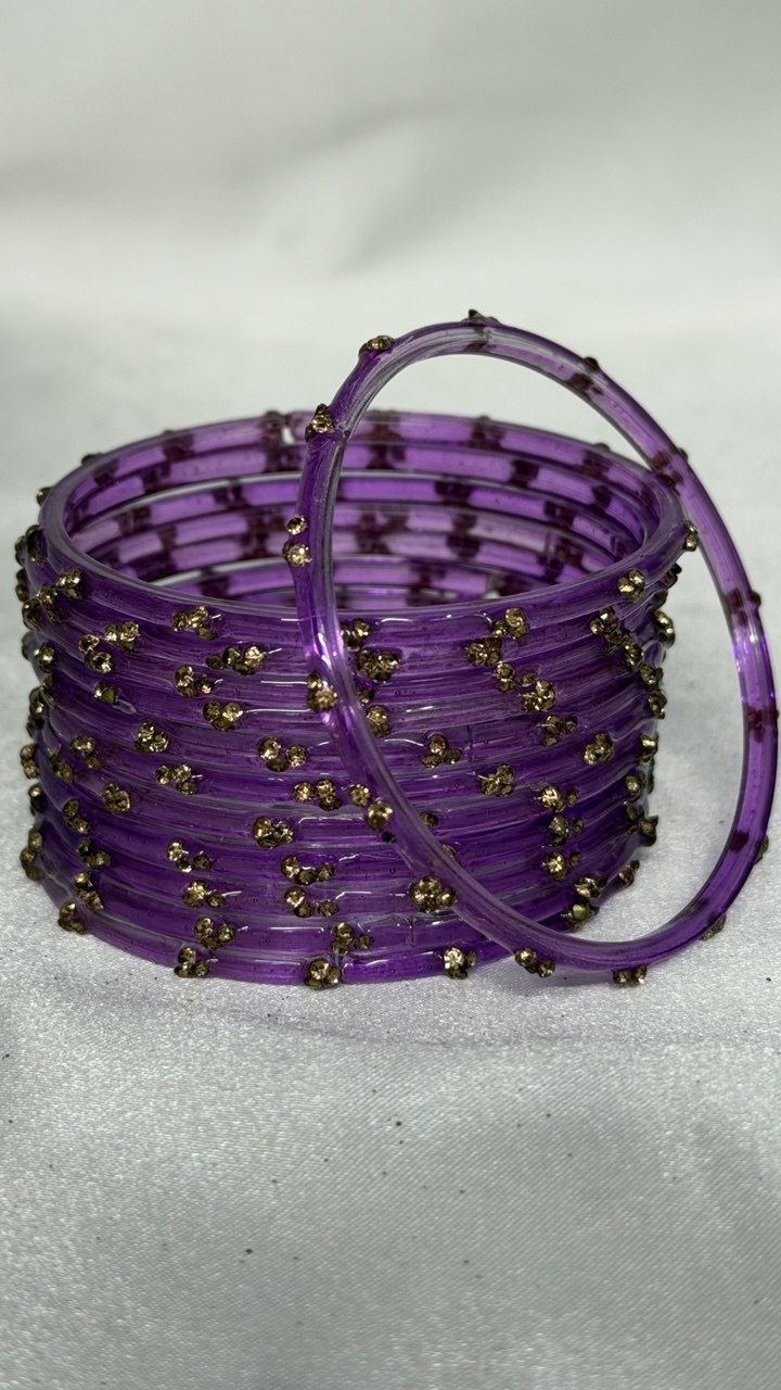 ANML - Purple Glass Bangle Set with Gold Ghungroo Latkan Kadas
