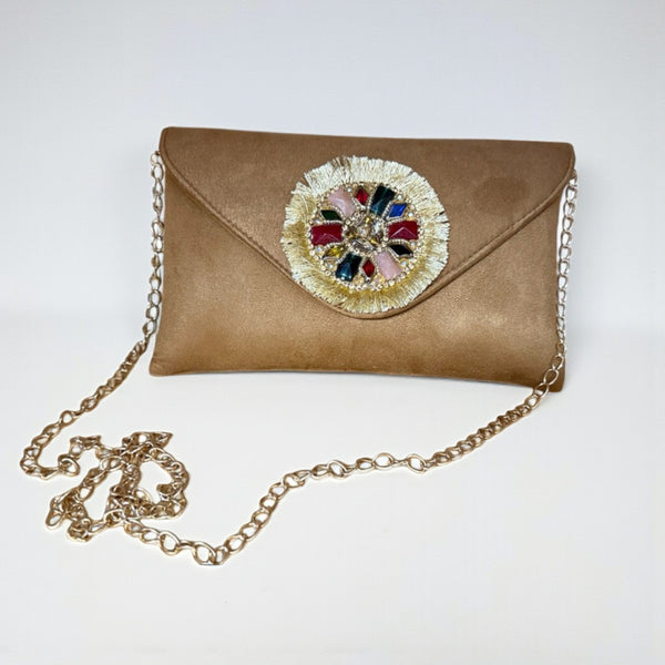Suede Clutch with Jaipuri Stone Work – Elegant Festive Handbag
