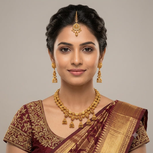 S14 - Dual-Strand Filigree Jaali Ball Choker for Weddings, Sangeet Necklace Set