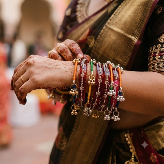 RG - Maroon Glass Bangle Set with Fine Rhinestone Floral Work & Hanging Ghungroo Bells