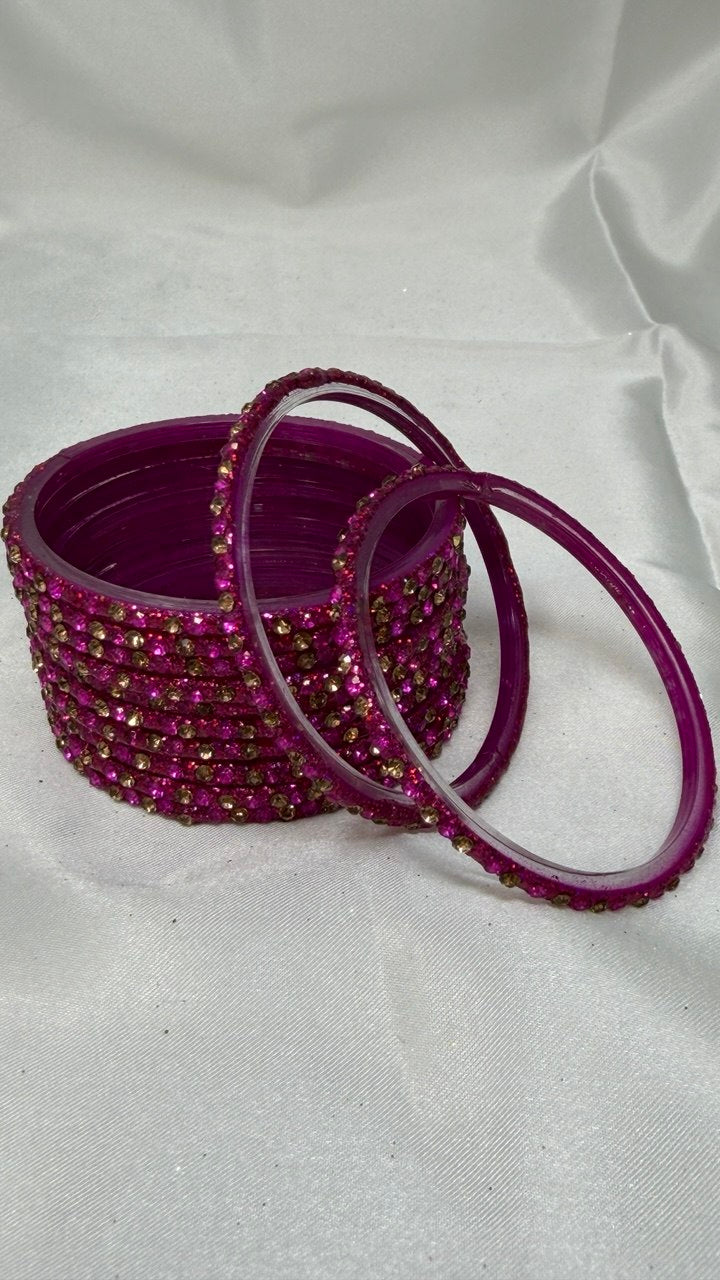 GlitStonB - Rani Glass Bangle Set with Golden Champagne Stone Work