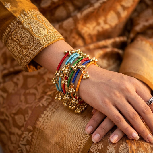 GMK - Multicolor Silk Thread Kashmiri Bangle Set with Gold Ghungroo Bells (Set of 8)