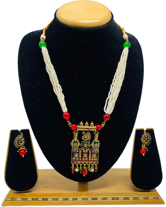 Jaipuri Long Mala Necklace & Earring Set With Meenakari KX3