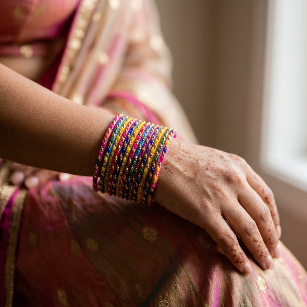 Zubee - Handmande Multicolor Glass Bangle Set with Gold Stone Work Churi Stack for Navratri