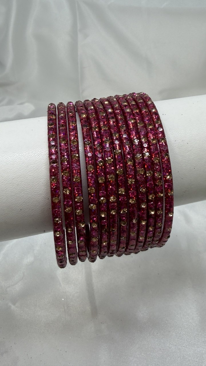 GlitStonB - Strawberry Glass Bangle Set with Golden Champagne Stone Work