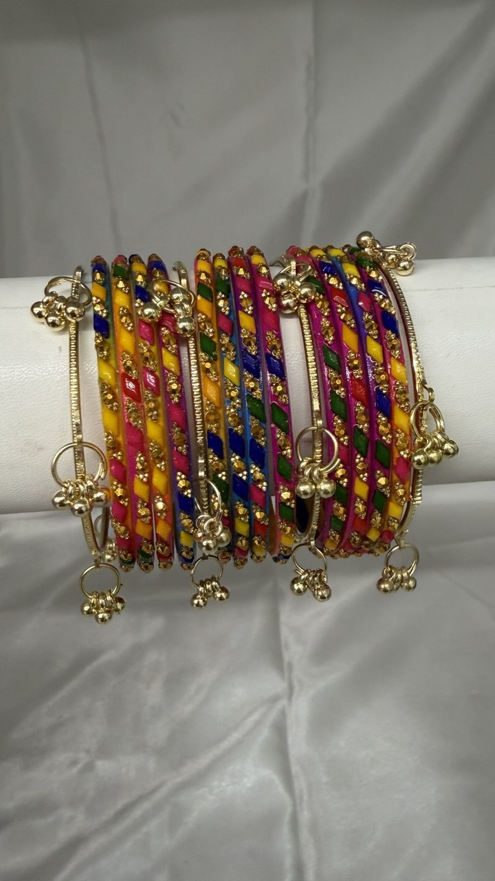 Zubee - Handmande Multicolor Glass Bangle Set with Gold Stone Work Churi Stack for Navratri