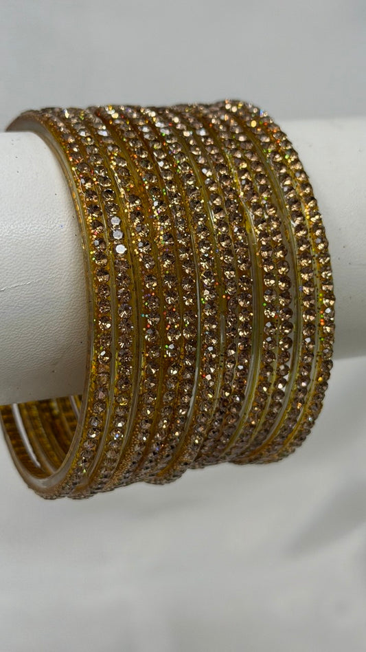 GlitB - Gold Glitter Glass Bangle Set with Champagne Gold Stone Work