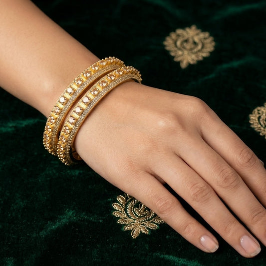 WAD22 - Elegant Gold-Plated Champagne Stone Crown Kadas Bangle Set - Zenia Creations
