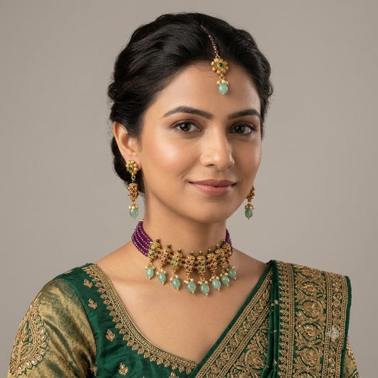 S21 - Traditional Antique Gold Multi-Strand Ruby Wine Choker Necklace Set with Emerald Green
