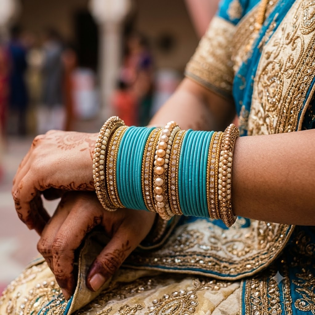 1186- Blue Velvet Bangle Set for Both Hands – Antique Gold Bridal