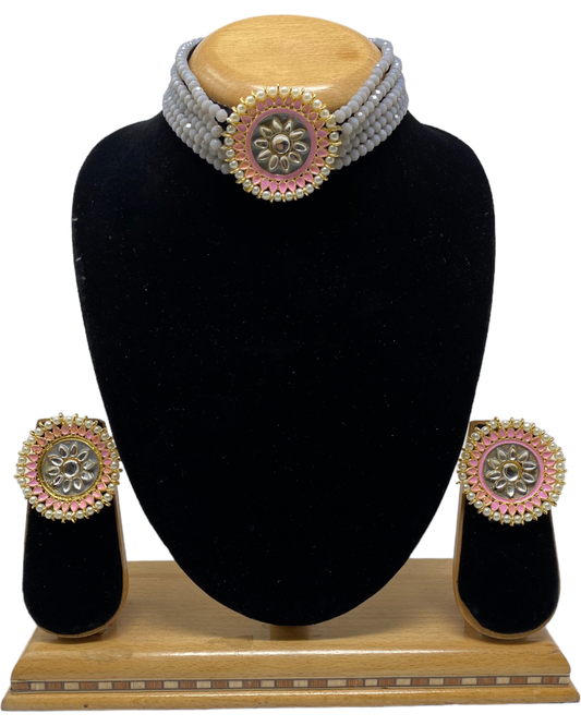 Flexible Choker Necklace & Earring Set With Grey Onyx Beeds, Pink Meenakari KX34