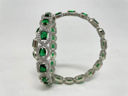 AD Silver Polish Bangles with American Diamond and Hydro Green Stones #ADB1