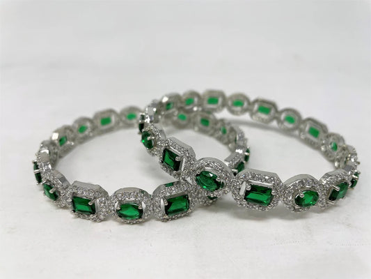 AD Silver Polish Bangles with American Diamond and Hydro Green Stones #ADB1