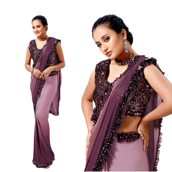 Designer Ready To Wear Lycra Material Saree With Sequins Blouse #101714