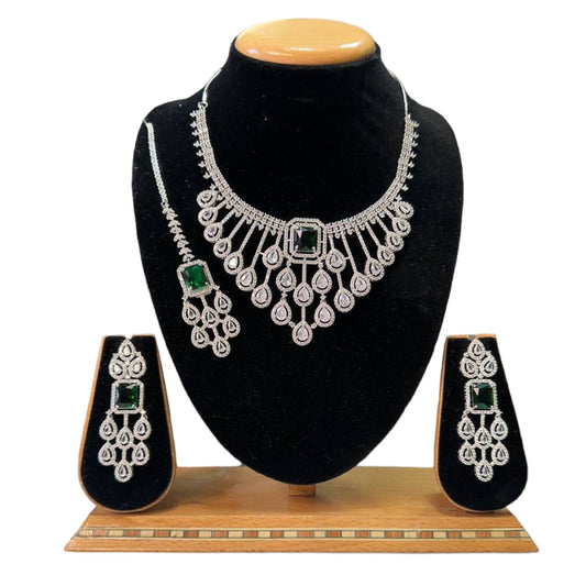 Premium Silver Finish Necklace Green and White AD / Cubic Zirconia Stones with Earrings and Mangtikka  | BS17