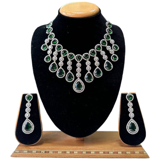 Premium Bridal Silver Finish Hydro Green AD / CZ Stones Necklace with Earrings Set | BS18