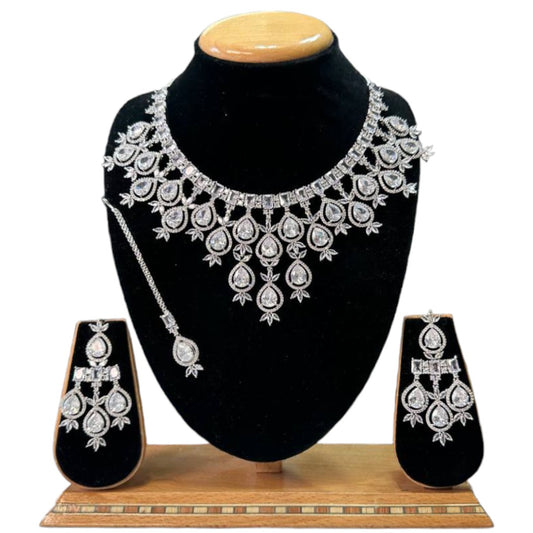 Premium Bridal Silver Finish Hydro AD / CZ Stones Necklace with Earrings and Mangtikka Set | BS19