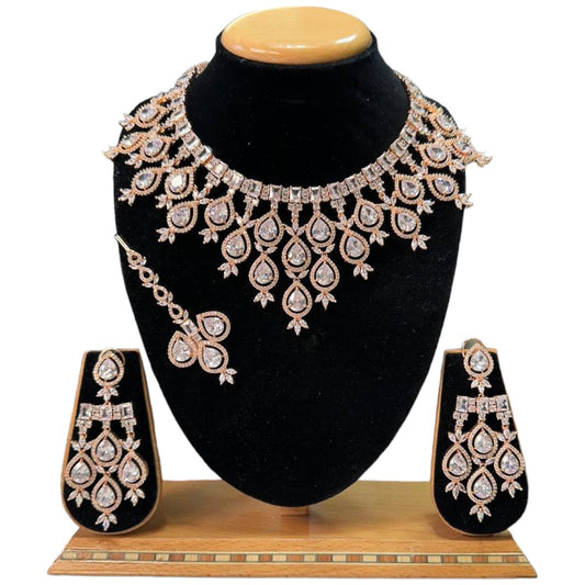 Premium Bridal Rose Gold Finish Hydro AD / CZ Stones Necklace with Earrings and Mangtikka Set | BS20