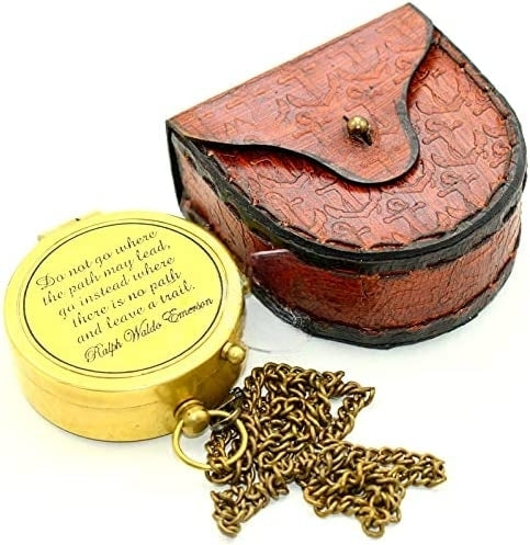 Brass Compass with Anchor Embossed Leather Case