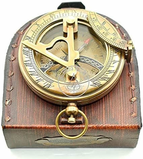 MODEL DX9 - GENUINE Brass Sundial Mariner Compass with Handmade Leather Case