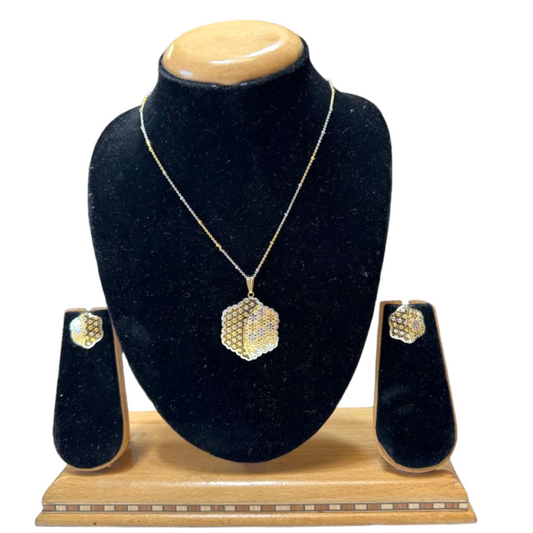 24k Gold & Rhodium Plated Dubai Style Dual Tone Chain, Pendant & Earrings Set DS4