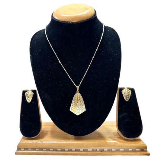 24k Gold & Rhodium Plated Dubai Style Dual Tone Chain, Pendant & Earrings Set DS7