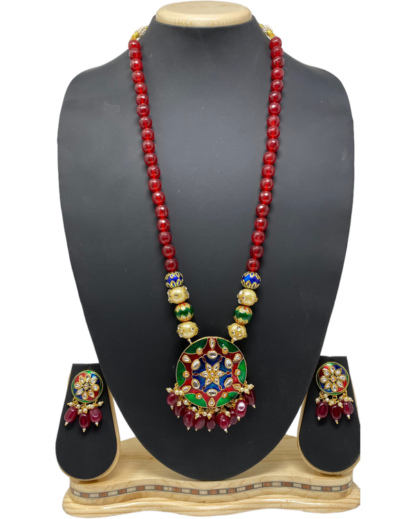Kundan Long Mala Necklace & Earring Set With Meenakari KX14