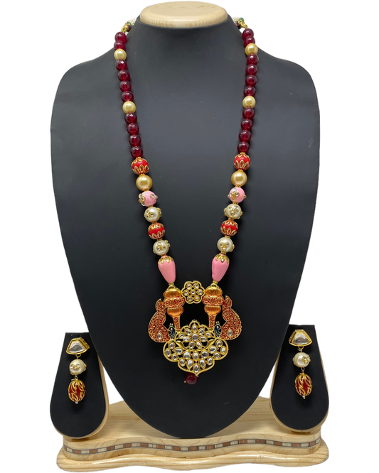Long Kundan Mala Necklace & Earring Set With Meenakari KX28